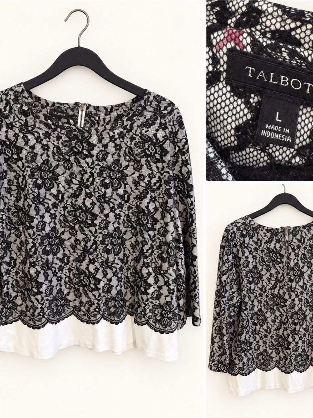 Talbots Black Lace Overlay with Cream Underlayer Tunic
